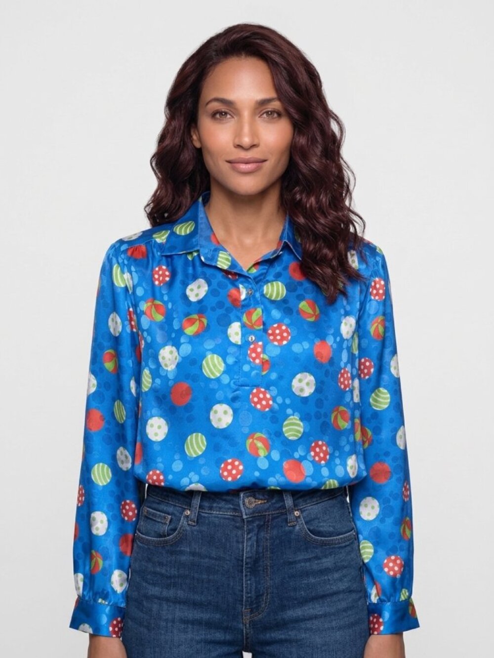 Da-Rue Women's Long Sleeve Blue Blouson with Colorful Whimsical Pattern Size 12P
